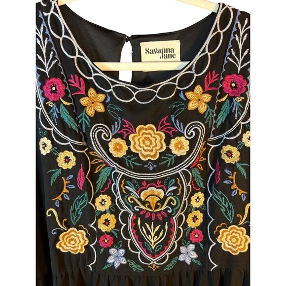 Savanna Jane Black Embroidered Floral Boho Dress 3/4 Sleeve & Ruffle Hem Size 1X - Picture 6 of 9